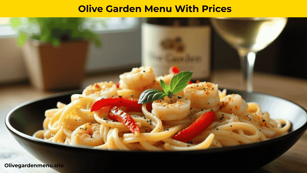 Delicious creamy shrimp and chicken pasta served in a black bowl with roasted red peppers and a glass of Chardonnay wine, showcasing a dish from the Olive Garden menu.