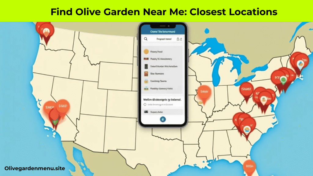 Map showing closest Olive Garden locations across the US with a smartphone searching “Olive Garden Near Me” for 2025 guide.