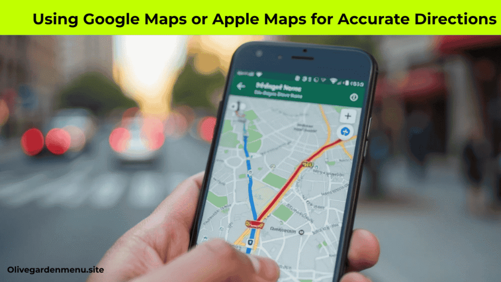 Smartphone showing Google Maps directions to Olive Garden with location pin and navigation route.

