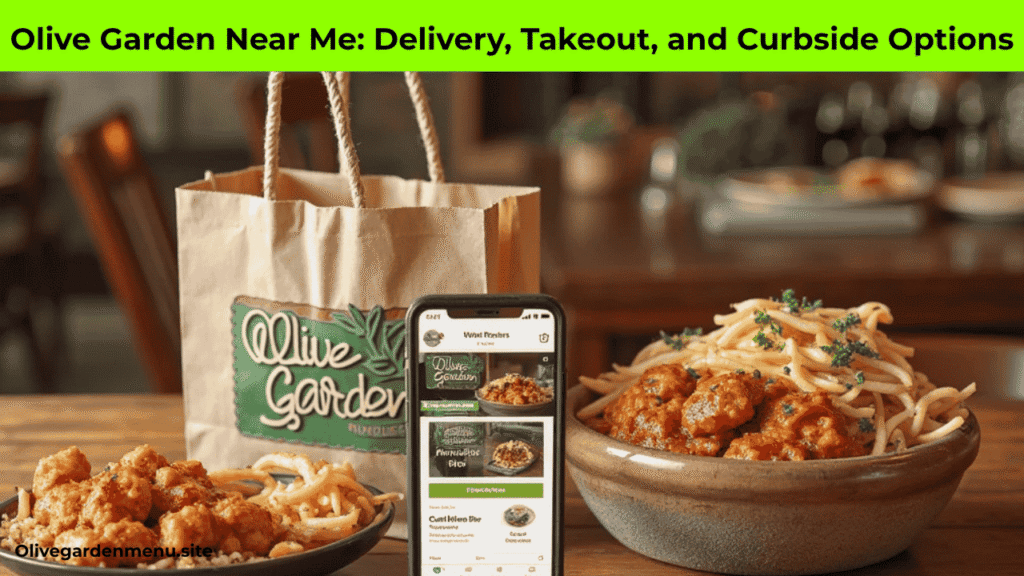 Olive Garden takeout bag and smartphone showing online delivery and curbside pickup options.