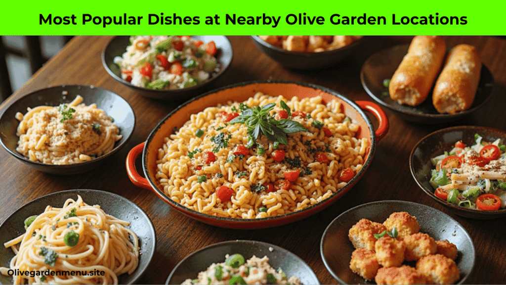 Table full of popular Olive Garden dishes like pasta, salad, breadsticks, and soup at a nearby location.