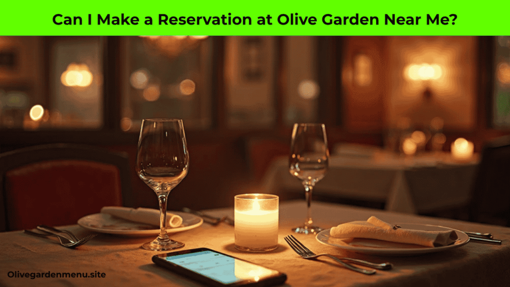 Olive Garden dining table with smartphone displaying reservation booking for Olive Garden near me.