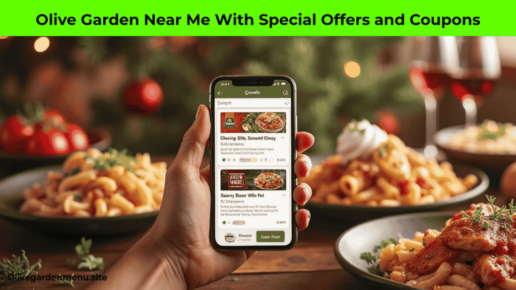 Smartphone displaying Olive Garden special offers and coupons for Olive Garden near me.