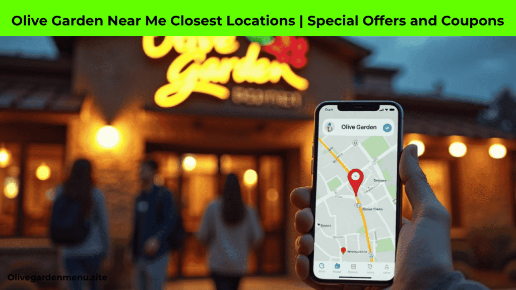 Map showing closest Olive Garden locations across the US with a smartphone searching “Olive Garden Near Me” for 2025 guide.