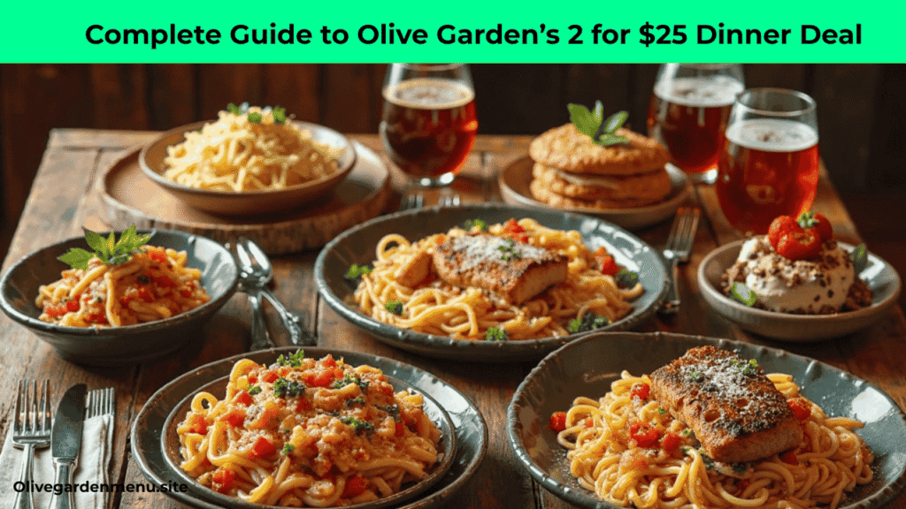 Complete guide to Olive Garden’s 2 for $25 dinner deal including appetizer, main courses, dessert, and drinks