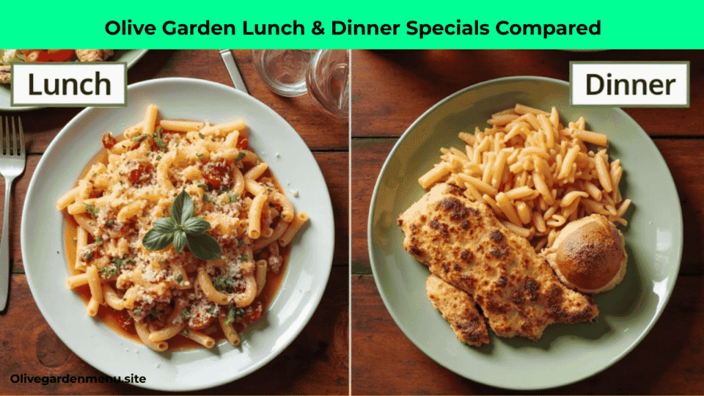 "Comparison of Olive Garden Specials Today lunch vs dinner options with plates side by side."