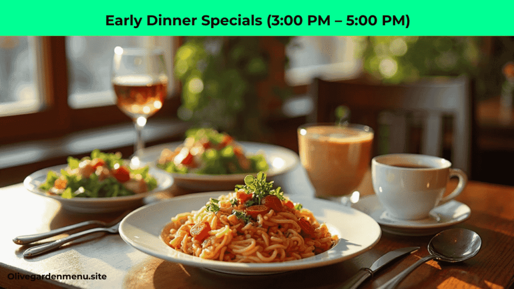 "Olive Garden Specials Today early dinner specials served between 3:00 PM and 5:00 PM.