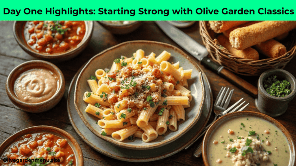 “Olive Garden classics including pasta, soups, salads, and breadsticks from Day One of the menu challenge”