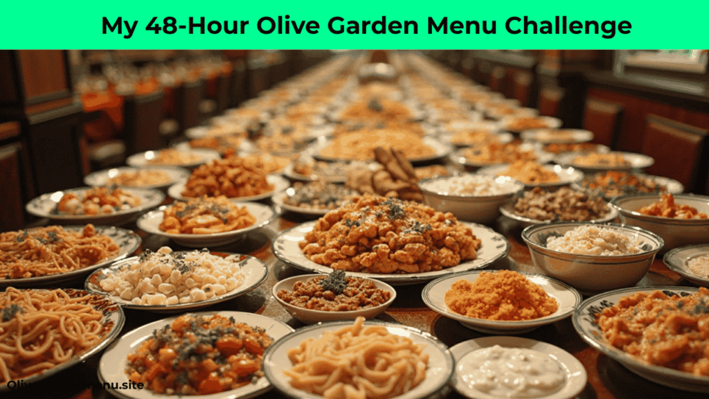 Every Olive Garden Dish from the 48-hour menu challenge – full table of pasta, chicken, seafood, salads, appetizers, and desserts