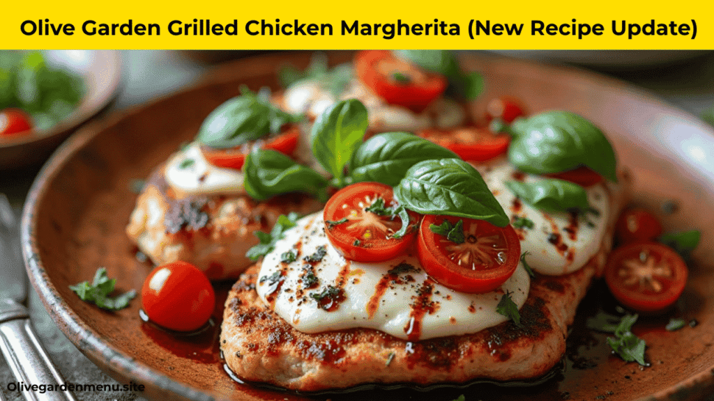 “Close-up of Olive Garden Grilled Chicken Margherita with fresh basil and cherry tomatoes”