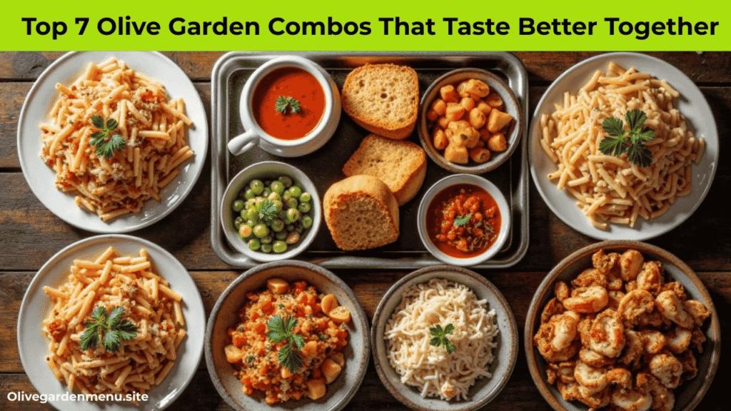 “Top 7 Olive Garden combos displayed together on a wooden table, featuring pasta, soup, salad, and seafood.”