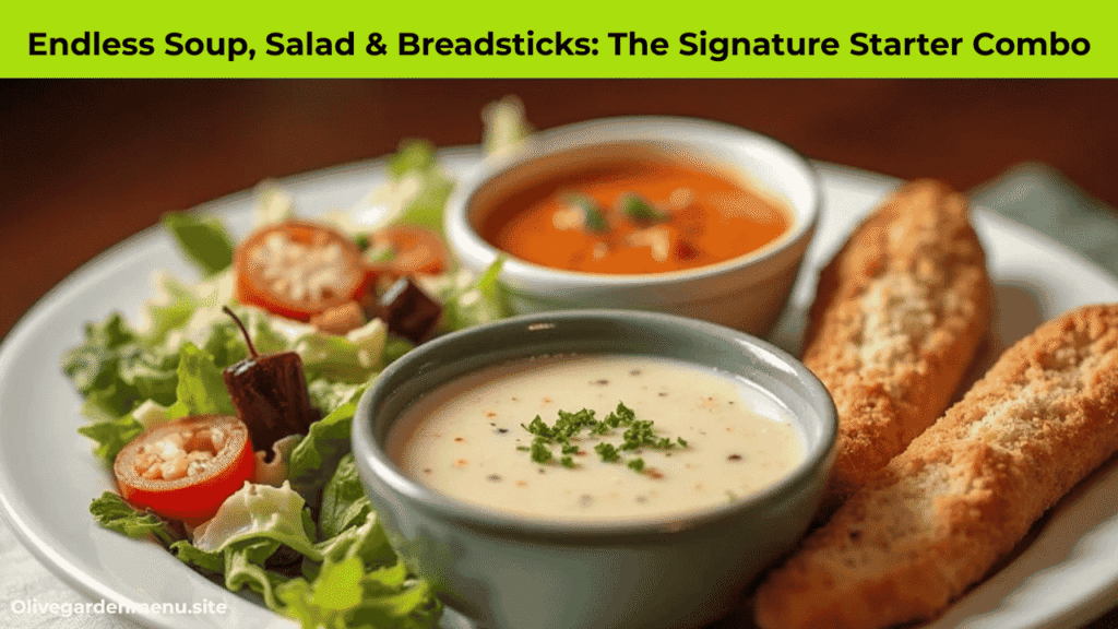 “Endless soup, salad, and breadsticks combo from Olive Garden, beautifully plated and fresh