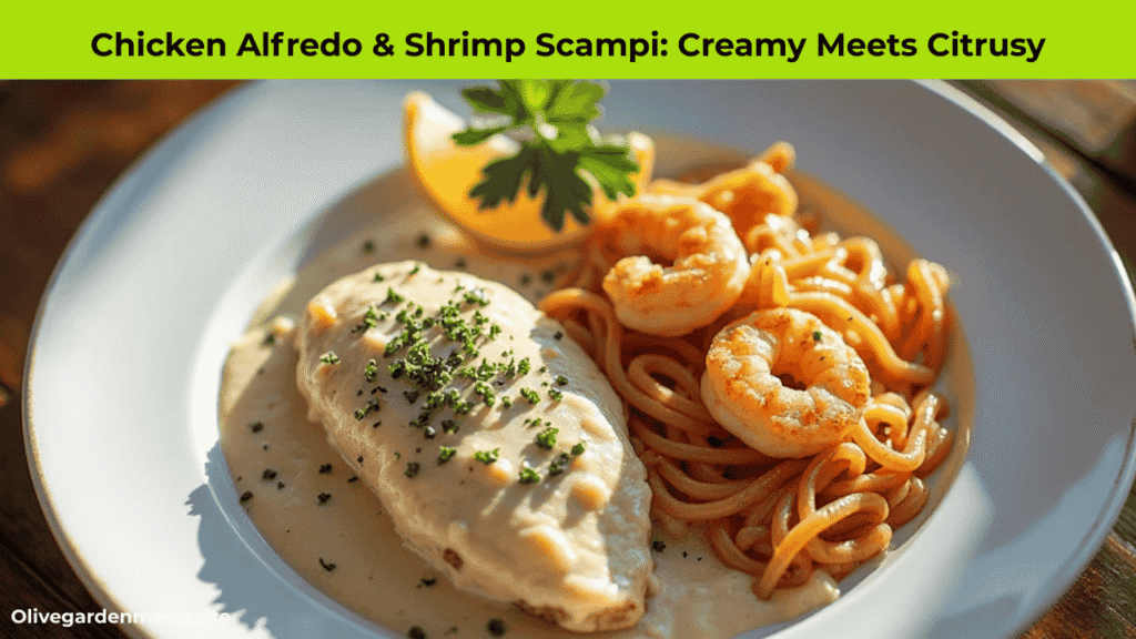 Chicken Alfredo and Shrimp Scampi combo from Olive Garden plated beautifully with garnish.