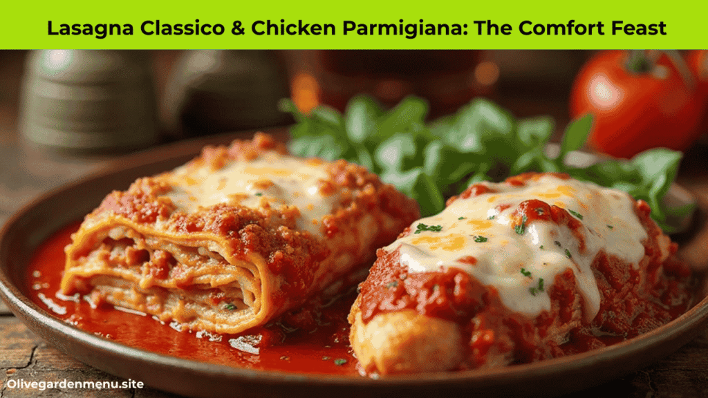 “Olive Garden Lasagna Classico and Chicken Parmigiana combo served together on a plate.”