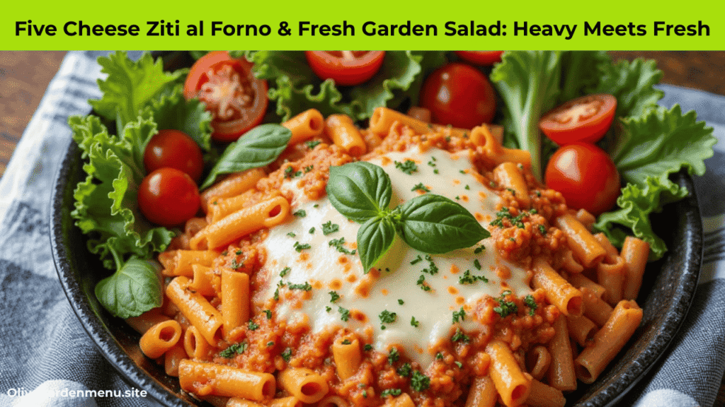 “Five Cheese Ziti al Forno paired with a fresh garden salad from Olive Garden.”