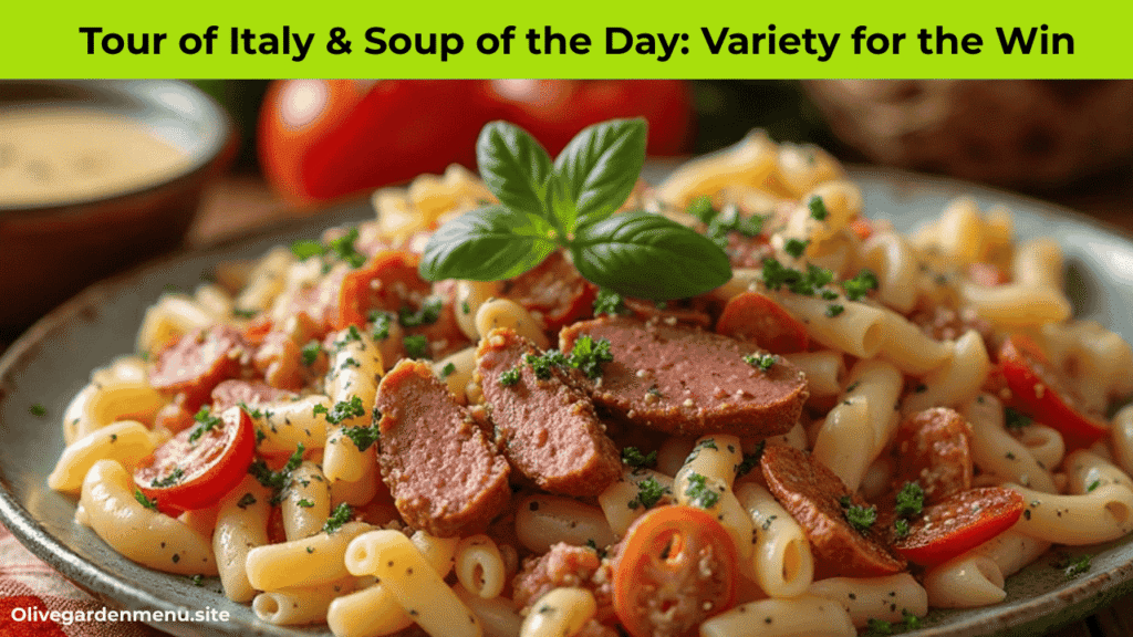“Olive Garden Tour of Italy entree served with the Soup of the Day for a complete combo.”
