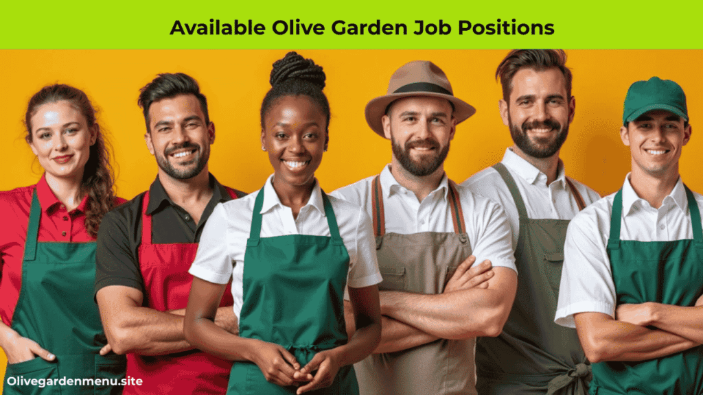 “Collage of Olive Garden job positions including server, bartender, cook, host, and corporate roles”