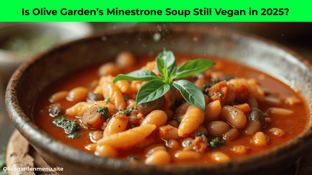 Olive Garden vegan minestrone soup option 2025 on a restaurant table.