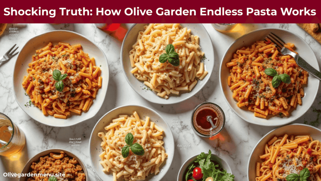 "Olive Garden Endless Pasta overflowing bowl with breadsticks and sauces, 2025"