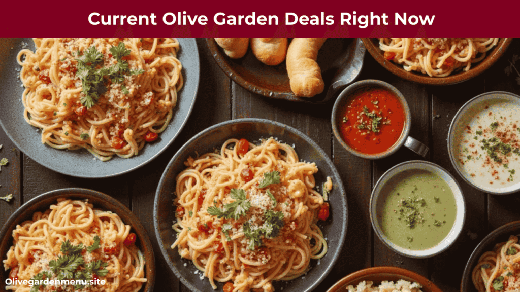 “Best Olive Garden Deals 2025 – colorful pasta, soups, breadsticks, and happy diners enjoying meals.”