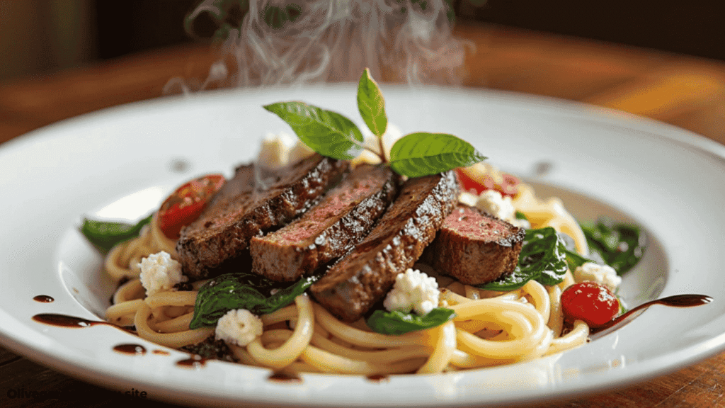 “Top Olive Garden Steak Gorgonzola Alfredo recipe showing steak slices on Alfredo pasta with gorgonzola, spinach, and balsamic glaze.”
