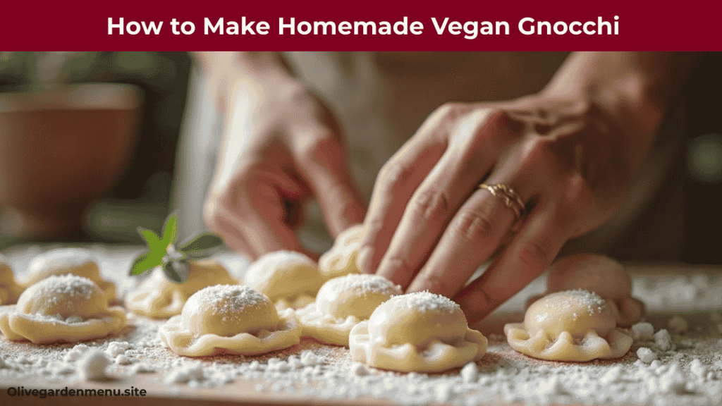 Homemade vegan gnocchi dumplings being shaped on a wooden board.