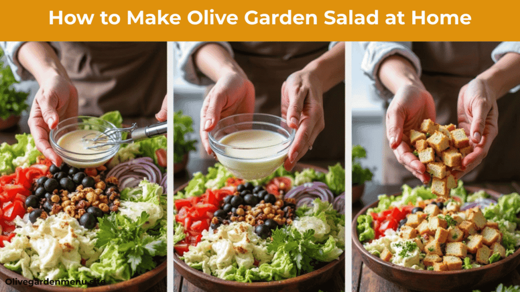Step-by-step Olive Garden Salad Recipe preparation at home with fresh vegetables, Italian dressing, and croutons.