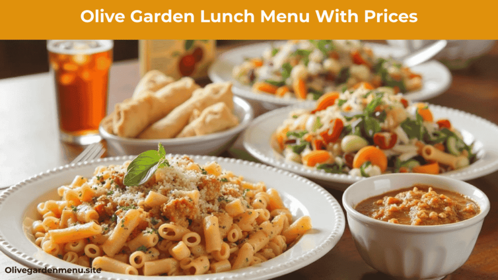 Olive Garden lunch menu with pasta, soup, salad, and breadsticks served on a bright dining table