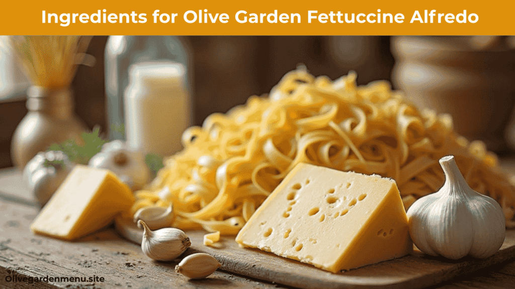 Olive Garden Fettuccine Alfredo fresh ingredients flat lay
