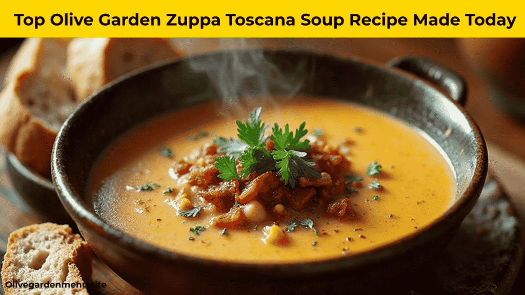 “Olive Garden Zuppa Toscana Soup Recipe Made Today 2025 – creamy soup with bacon and parsley.”