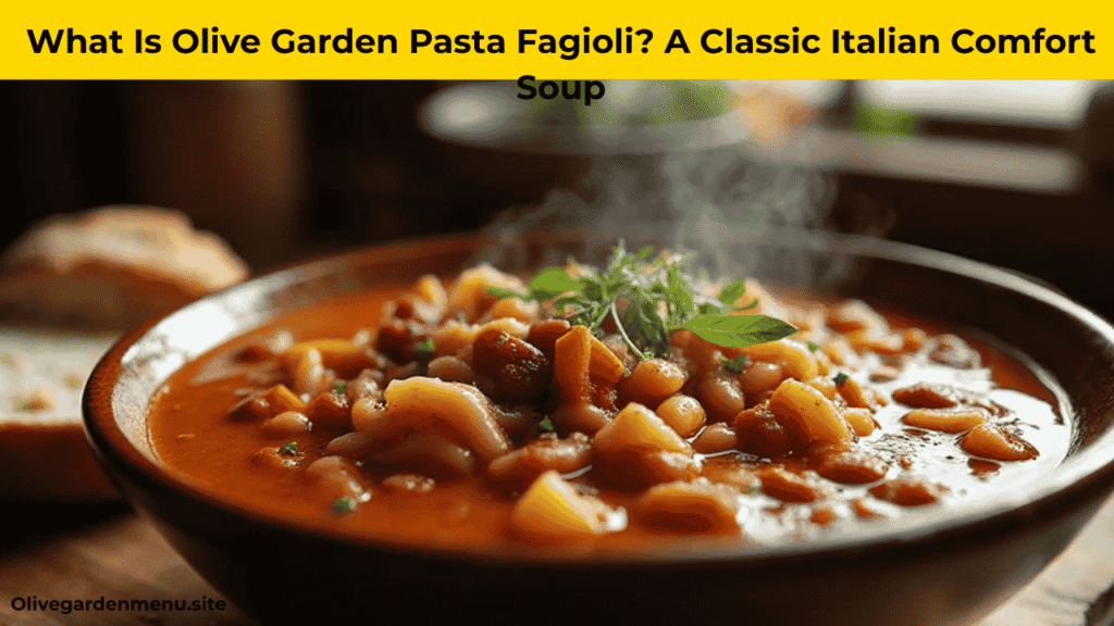 "Close-up of Olive Garden Pasta Fagioli soup with beans and pasta"