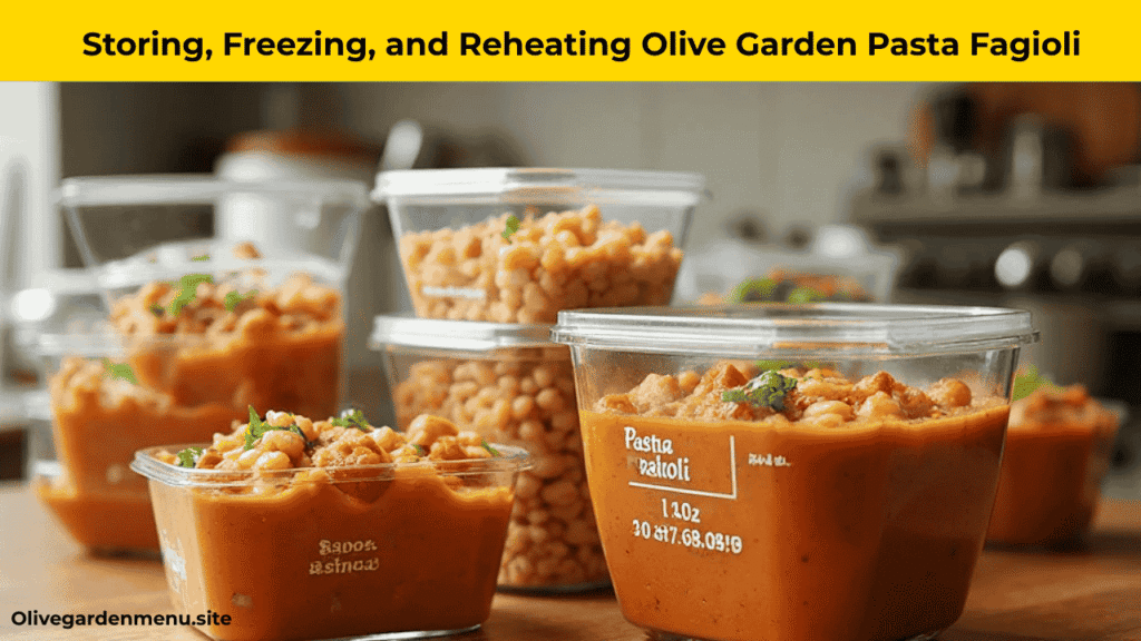 Olive Garden Pasta Fagioli stored in glass containers for freezing and reheating"