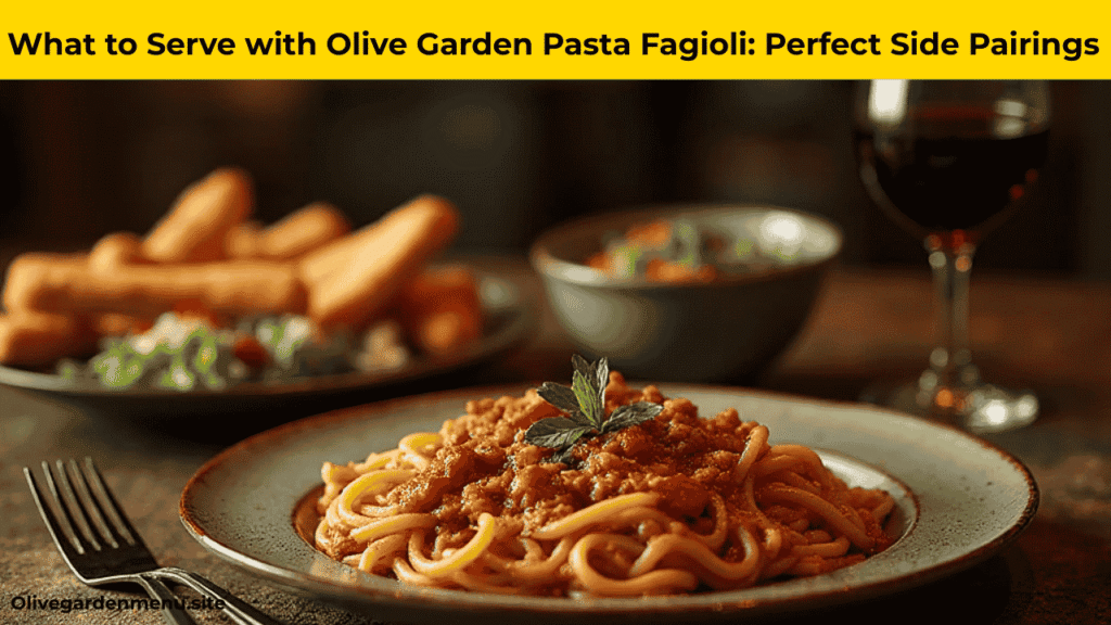 "Olive Garden Pasta Fagioli served with breadsticks, salad, and wine"