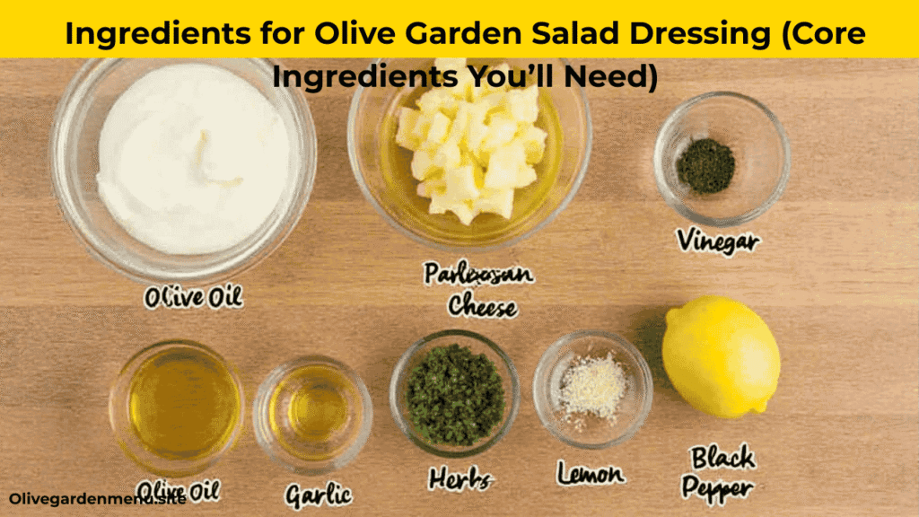 Core ingredients for Olive Garden Dressing Recipe on a kitchen counter.