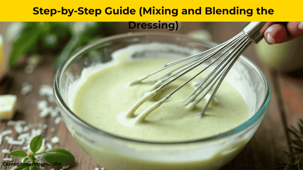 Whisk blending Olive Garden Dressing Recipe in a glass bowl.