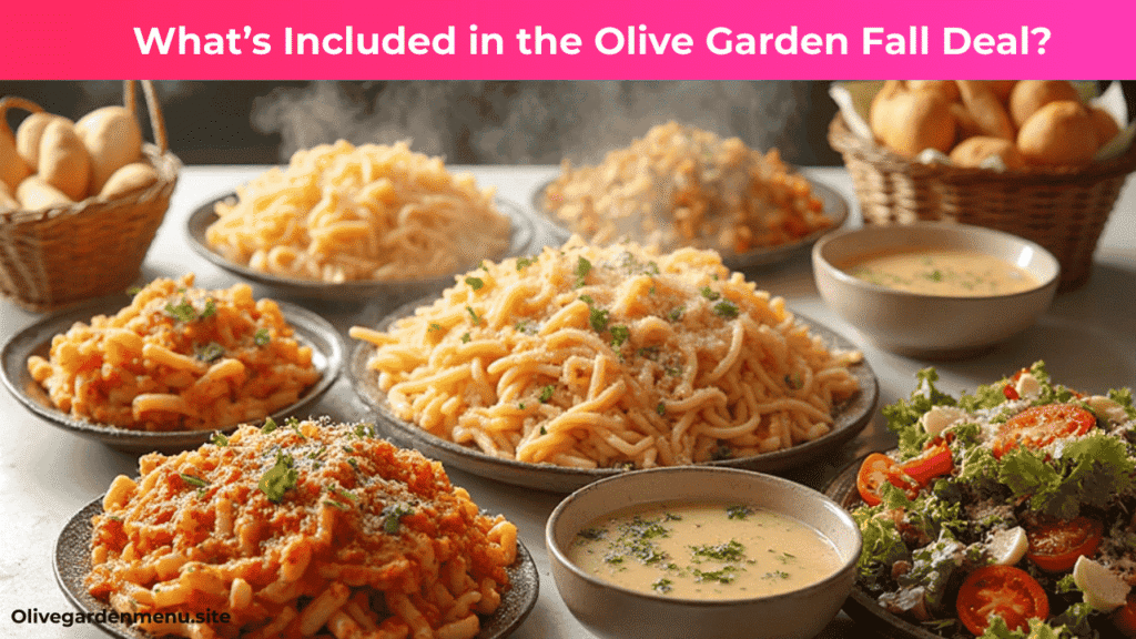 Olive Garden Viral Deal food spread with pasta, breadsticks, soup, and salad.