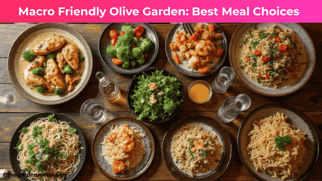 "Macro Friendly Olive Garden meals in 2025 including grilled chicken, salmon, shrimp, salad, and whole grain pasta."