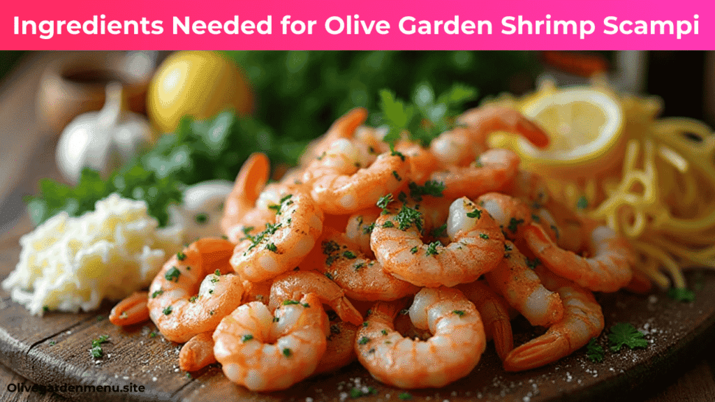 "Fresh ingredients for Olive Garden Shrimp Scampi, including shrimp, garlic, butter, olive oil, parsley, lemon, Parmesan cheese, and pasta."