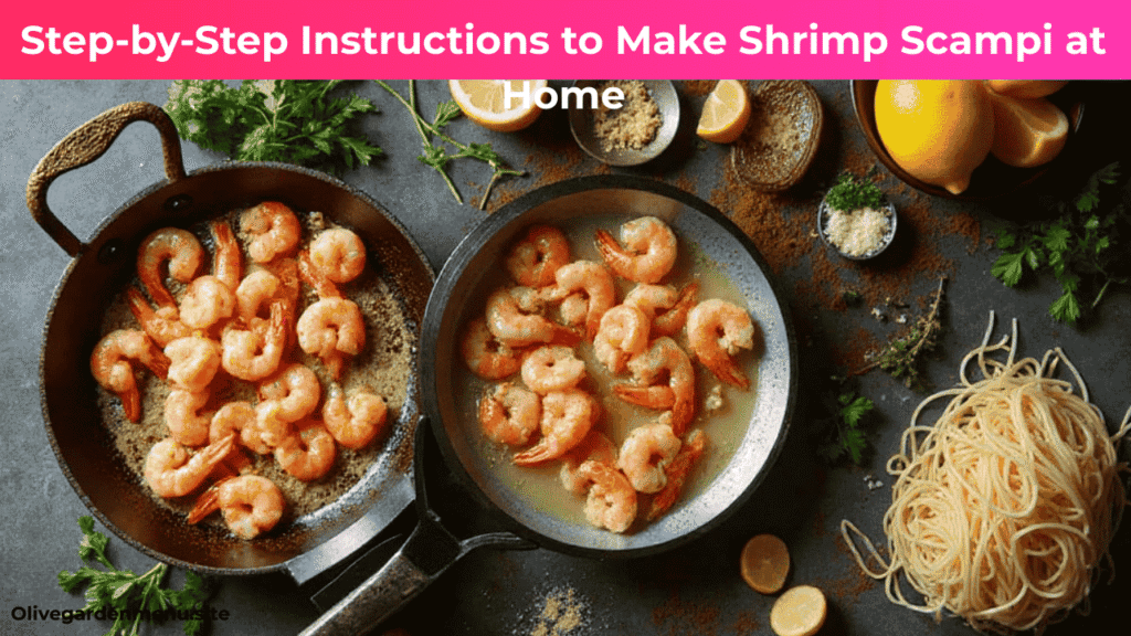 "Step-by-step process of making Shrimp Scampi, showing shrimp sautéing, garlic and butter in the pan, pasta, lemon, parsley, and Parmesan."