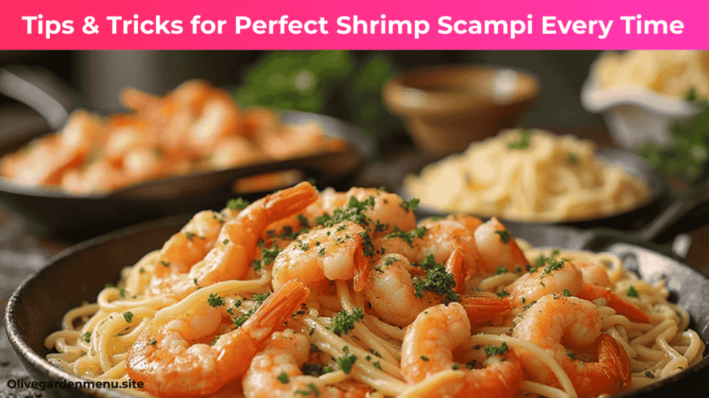 "Perfect Shrimp Scampi being prepared, showing shrimp sautéing in garlic butter, tossing pasta, and garnishing with parsley and Parmesan."