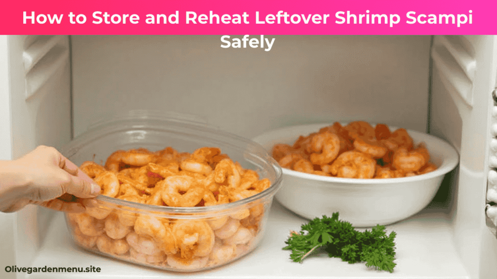 "Storing and reheating leftover Shrimp Scampi in an airtight container, with a microwave-safe dish prepared for reheating."