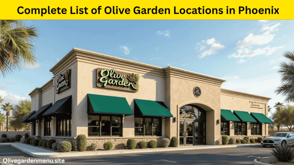 Realistic exterior of Olive Garden restaurant in Phoenix AZ with desert landscape and clear sky.