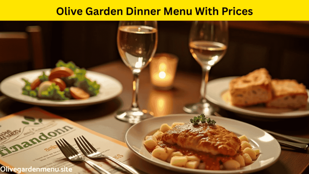 A table at Olive Garden showcasing signature dinner dishes with prices on the menu.