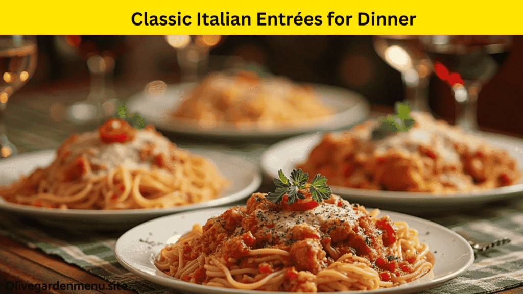 Classic Italian dinner entrées at Olive Garden with pasta and sauces.