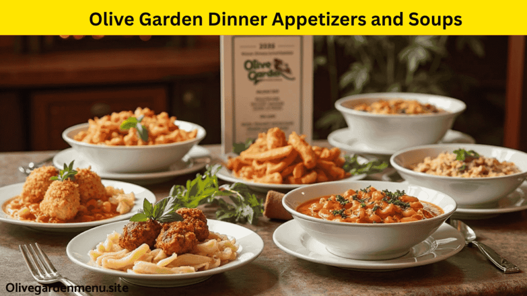 Olive Garden dinner appetizers and soups on a table with appetizer platters and bowls of soup.