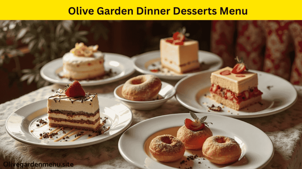 Assorted Olive Garden dinner desserts arranged with a menu showing dessert options.