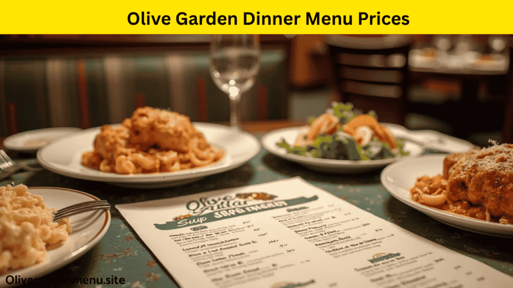 Olive Garden dinner dishes with a printed menu showing prices updated for 2025.

