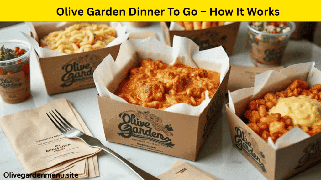 Packaged Olive Garden dinner-to-go meals with branded containers and an order receipt.

