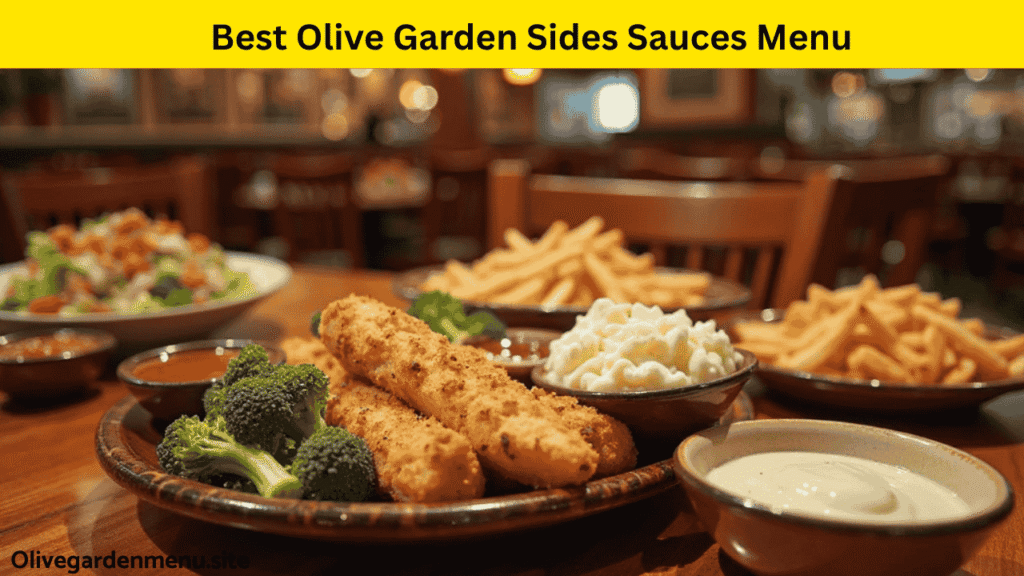 Assorted Olive Garden side dishes and sauces served on a rustic restaurant table.