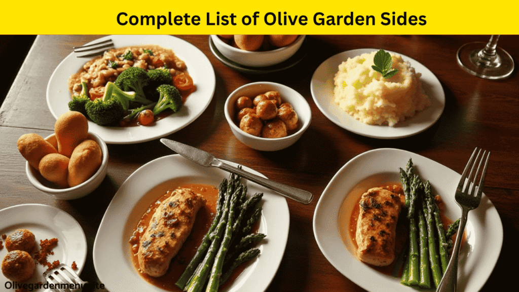 Full variety of side dishes from the Olive Garden Sides Sauces Menu on a rustic table
